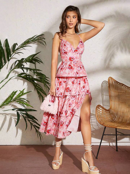 CM-DS071709 Women Elegant Seoul Style Floral Layered Ruffle Split High Waist Dress
