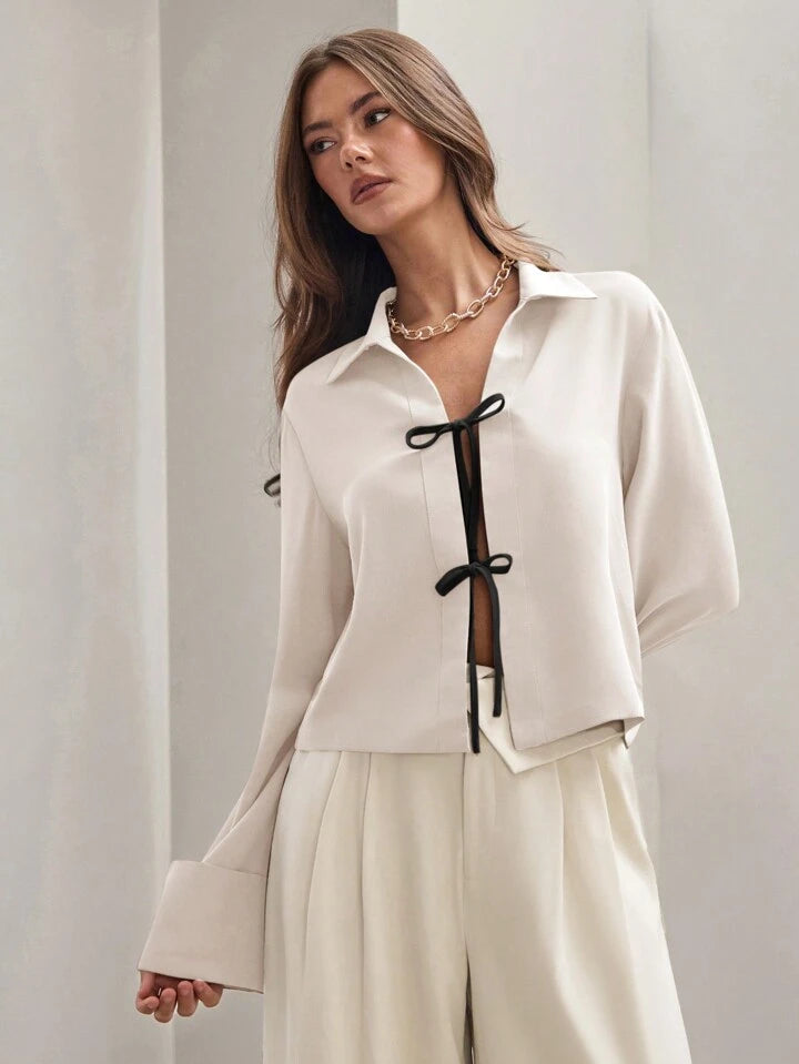 CM-TS523311 Women Trendy Bohemian Style Shirt Collar Front Tie Long Sleeve Shirt - Cream