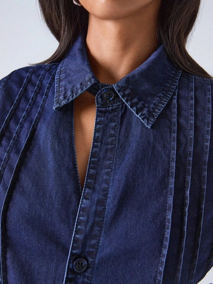 CM-TS825911 Women Elegant Seoul Style Dark Wash Collar Neckline Short Sleeve Single-Breasted Denim Jacket