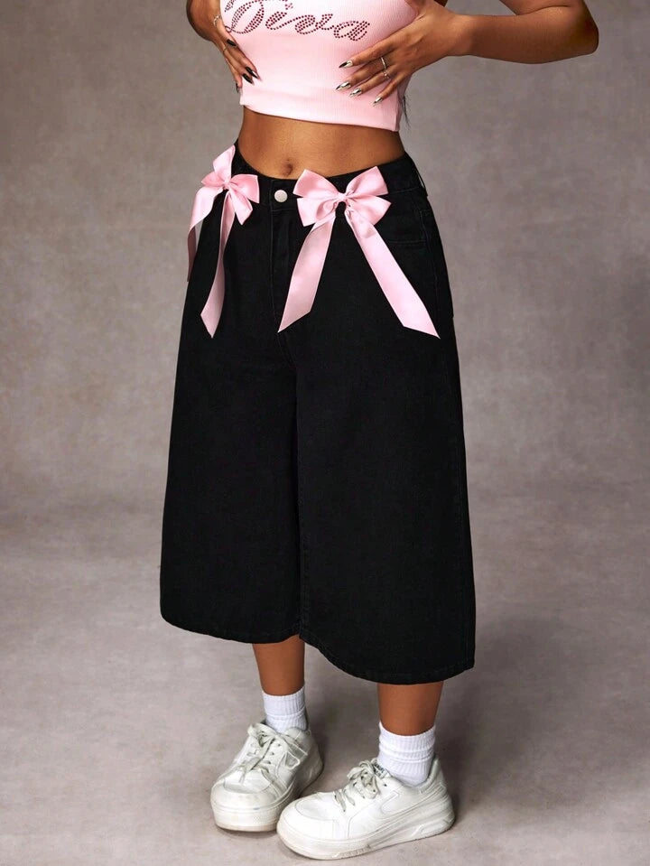 CM-BS596463 Women Casual Seoul Style Bow Tie Decor Color Block Pockets Loose Denim Jeans - Black