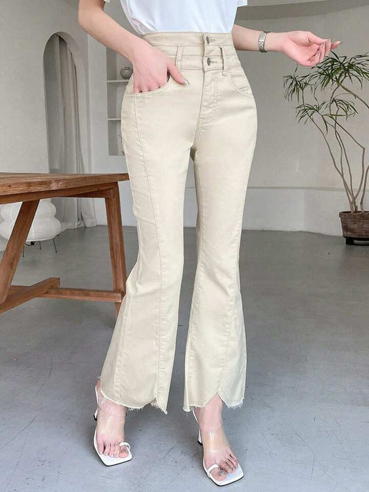 CM-BS078951 Women Casual Seoul Style High Waist Splice Pocket Flared Jeans - Beige