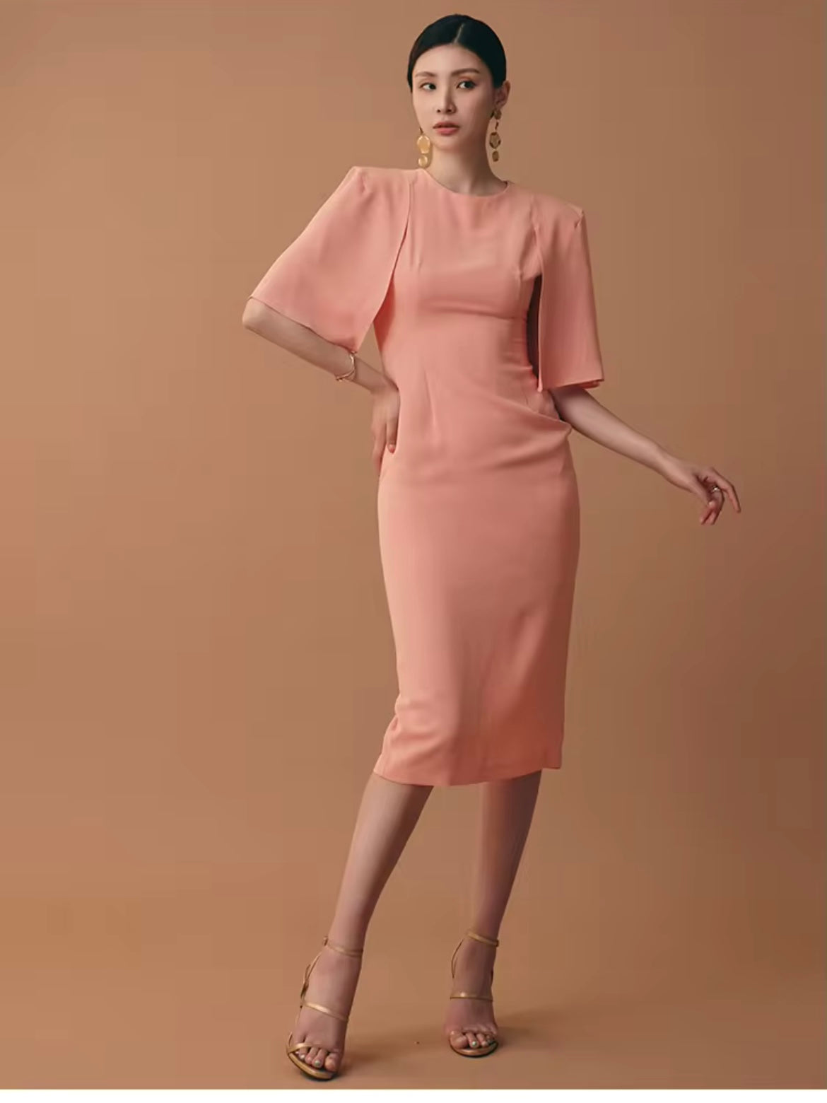 CM-DY014587 Women Elegant European Style Round Nexk Lotus Sleeve Midi Dress (Available in 2 colors)