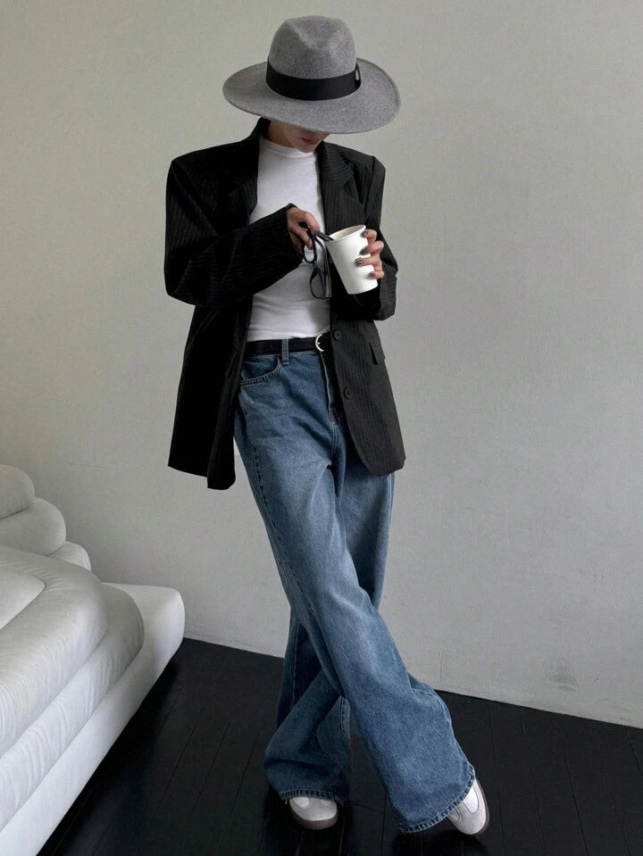 CM-CS966110 Women Elegant Seoul Style Striped Lapel Neckline Long Sleeve Suit Jacket - Black