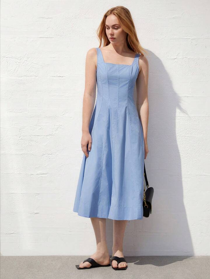 CM-DS547254 Women Casual Seoul Style Square Neck Sleeveless Cinched Waist Dress - Blue