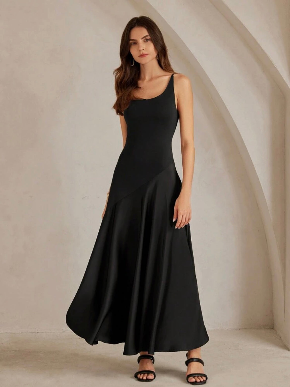 CM-DS475985 Women Elegant Seoul Style Solid Color Minimalist Spaghetti Strap Maxi A-Line Dress - Black