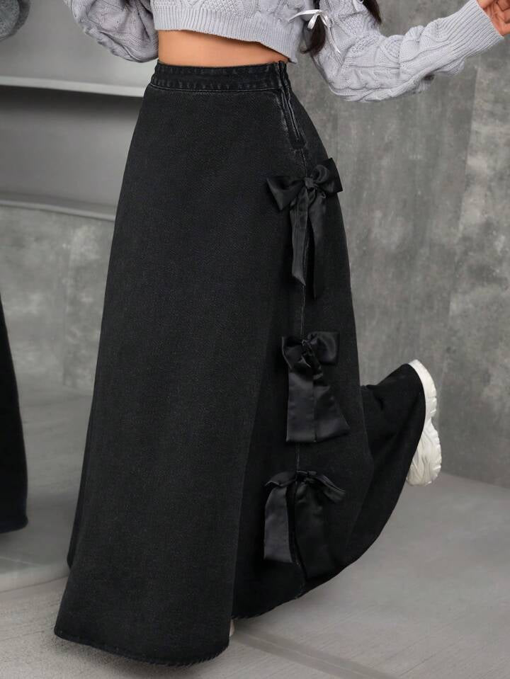 CM-BS823825 Women Casual Seoul Style Lace Up Bow Decor Loose Denim Skirt - Black