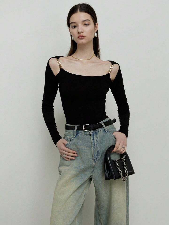 CM-TS175782 Women Casual Seoul Style Chain Strap Off-The-Shoulder Knitted Long-Sleeved T-Shirt