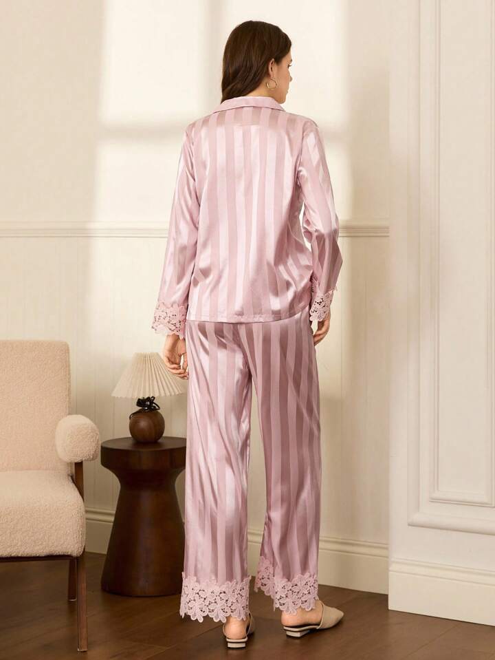 CM-LS335721 Women Trendy Seoul Style Lace Collar Striped Satin Lapel Long Sleeve Pajama Set - Pink