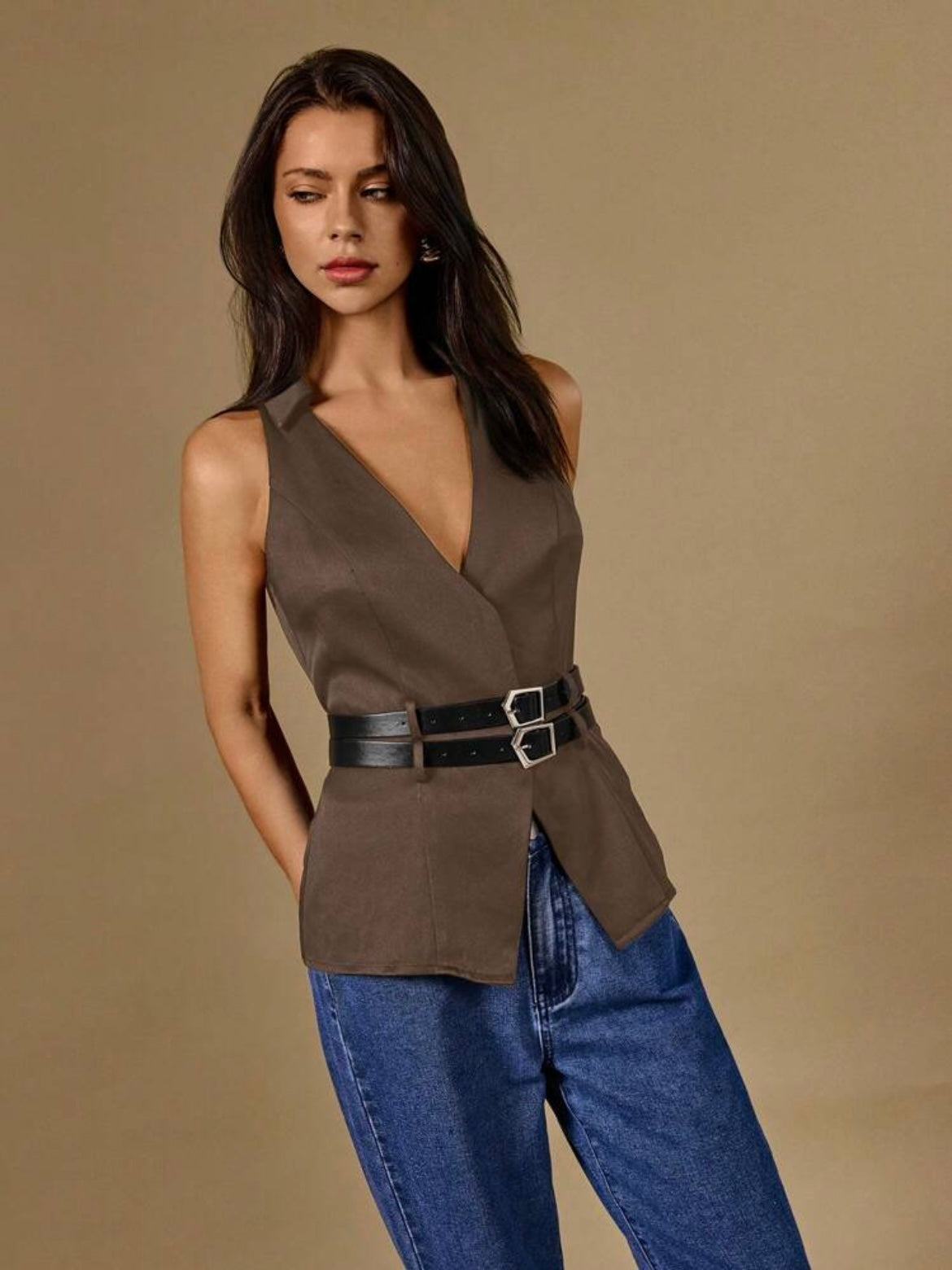 CM-TS239048 Women Casual Seoul Style Solid Color V-Neck Belted Sleeveless Blouse - Coffee Brown