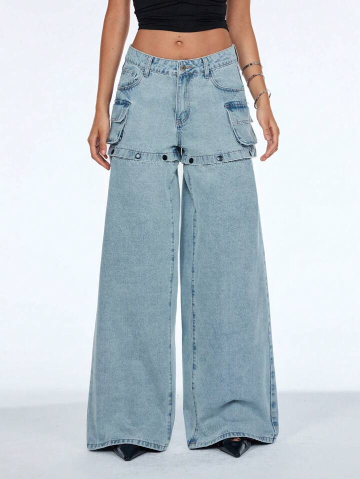 CM-BS743441 Women Casual Seoul Style Mid Waist Solid Color Wide-Leg Hollow Out Pocket Jeans - Blue