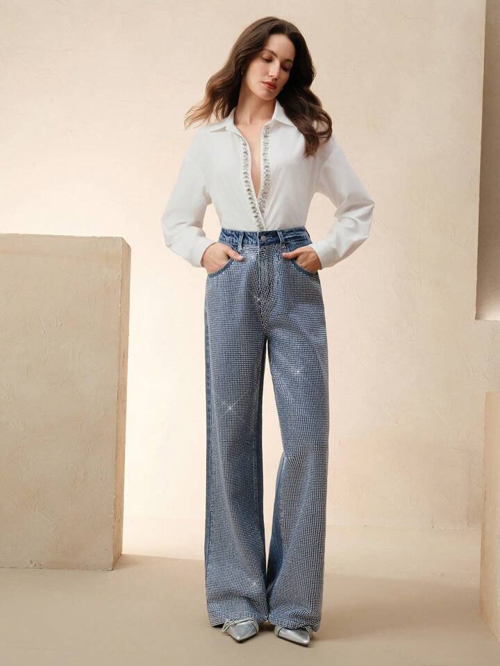 CM-BS434254 Women Elegant Seoul Style Mid Waist Rhinestone Embellished Straight-Leg Jeans - Blue