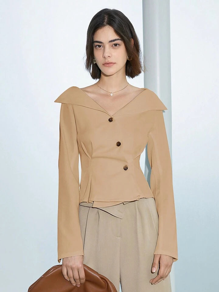 CM-TS767698 Women Elegant Seoul Style V-Neck Solid Color Long Sleeve Shirt - Khaki