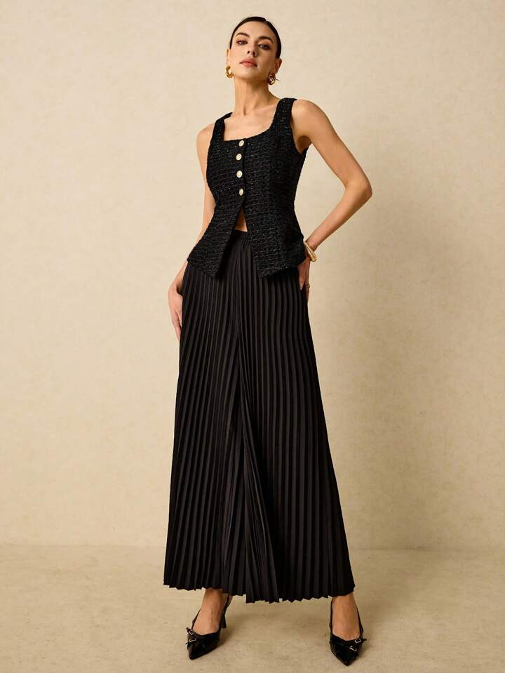 CM-SS552264 Women Elegant Seoul Style Single-Breasted Square Neck Vest With Pleated Midi Skirt - Set