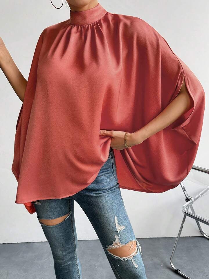 CM-TS713863 Women Casual Seoul Style Stand Collar Tie Back Batwing Sleeve Shirt - Rose Red