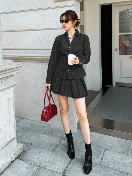 CM-SS936538 Women Casual Seoul Style Long-Sleeved Single-Breasted Denim Top With Pleated Skirt - Set