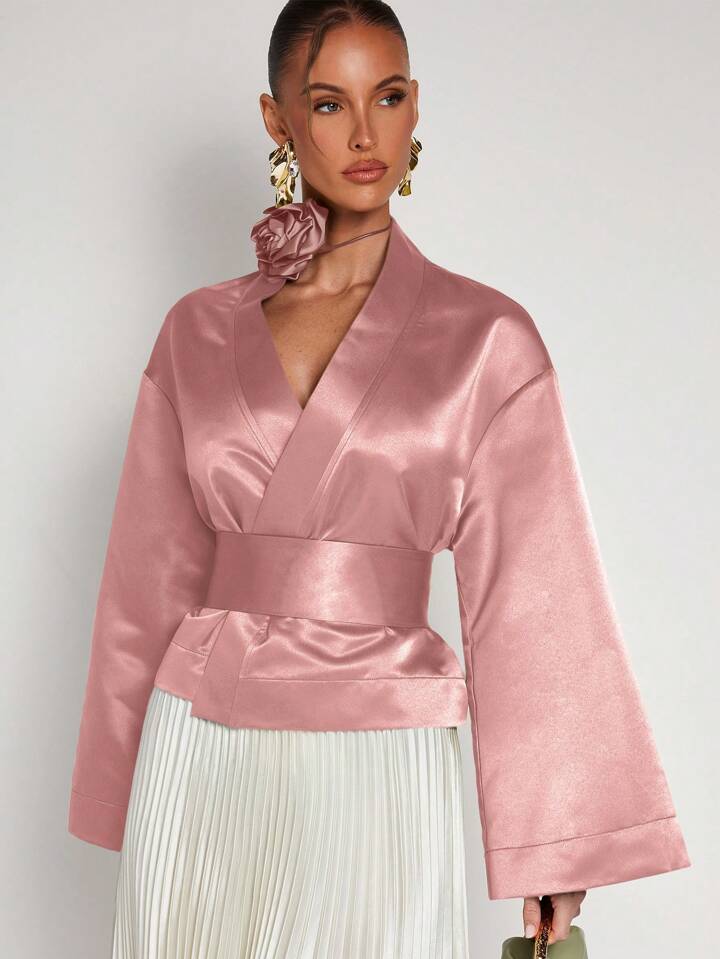 CM-TS829270 Women Elegant Seoul Style Solid Color V-Neck Wrap Flared Sleeve Blouse - Pink