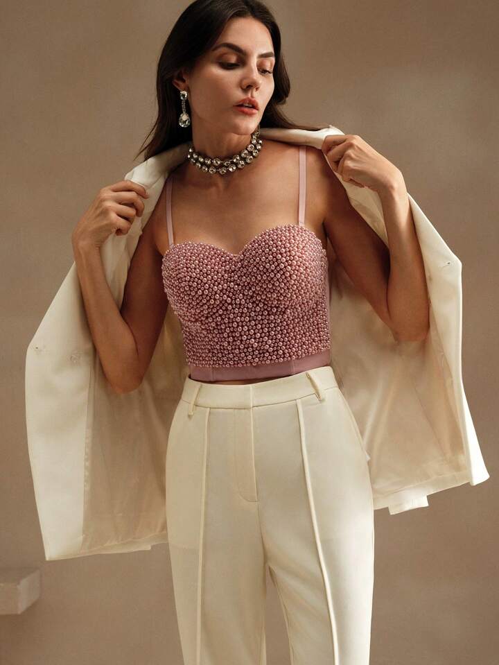 CM-TS942269 Women Elegant Seoul Style Faux Pearl Studded Camisole Tank Top - Pink
