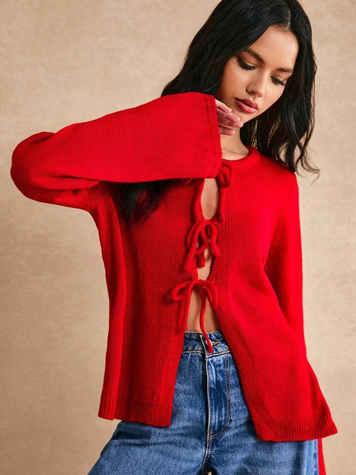 CM-CS933231 Women Casual Seoul Style Solid Color Front Tie Long Sleeve Cardigan - Red