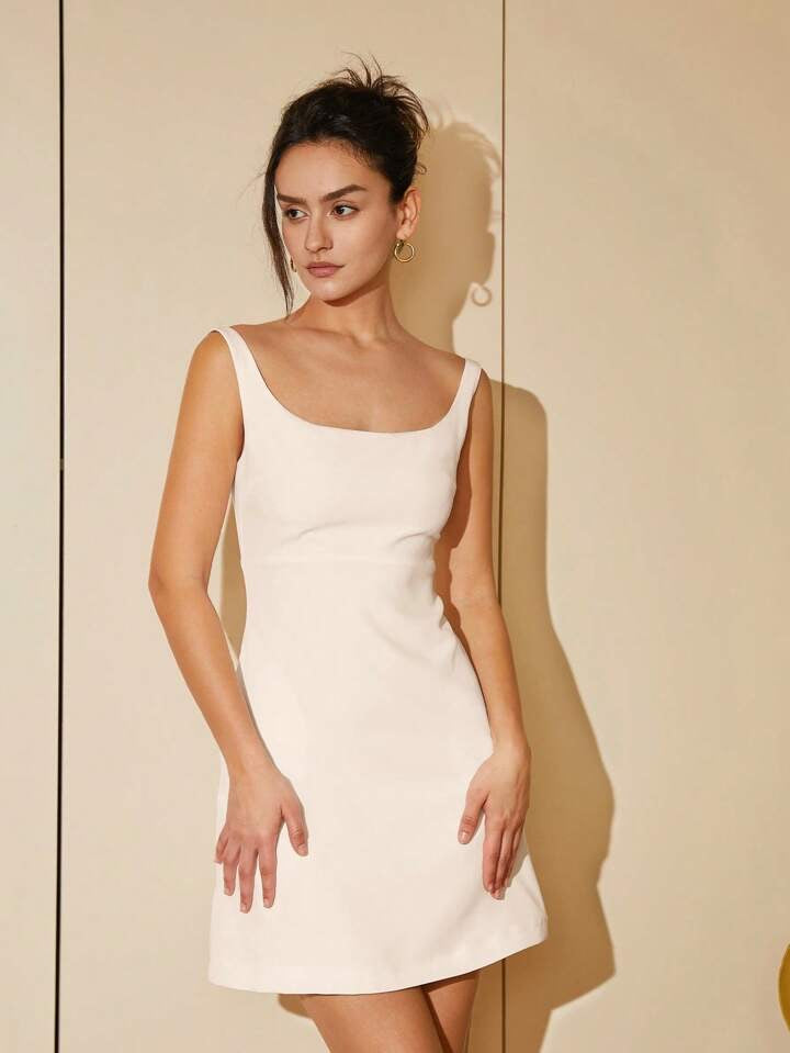 CM-DS239207 Women Elegant Seoul Style Solid Scoop Neck Sleeveless Mini Dress - White