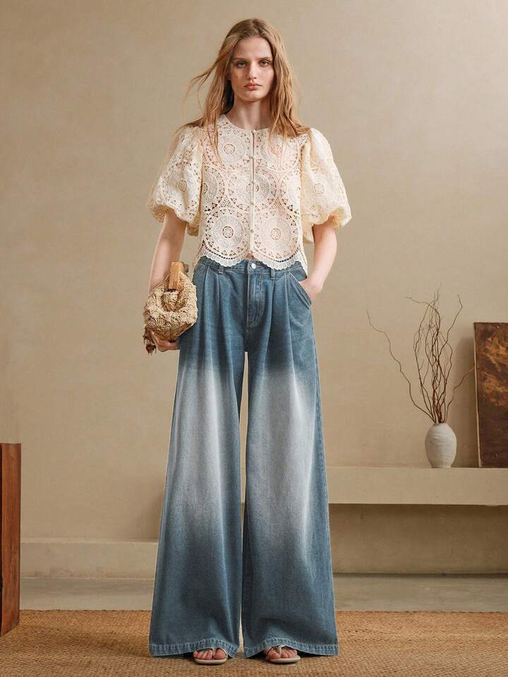 CM-TS318012 Women Elegant Seoul Style Lace Hollow Puff Sleeve Round Neck Placket Shirt - Apricot