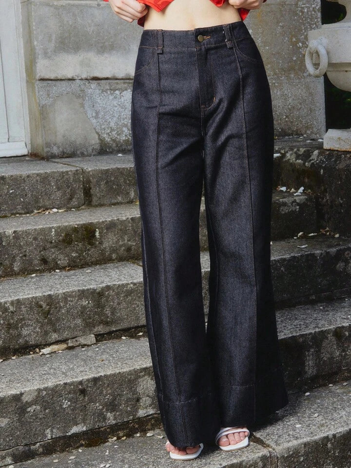 CM-BS339601 Women Casual Seoul Style Dark Wash Seam Front Detail High Waist Flare Denim Jeans