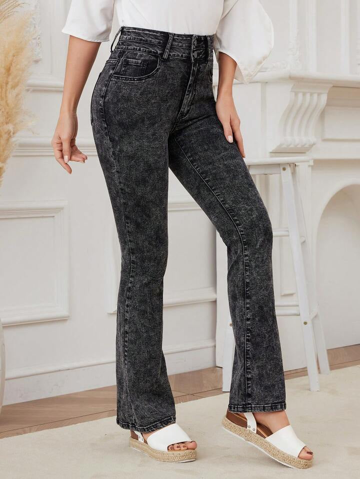 CM-BS448092 Women Casual Seoul Style High Waisted Slim Fit Double Layered Flared Jeans - Dark Gray