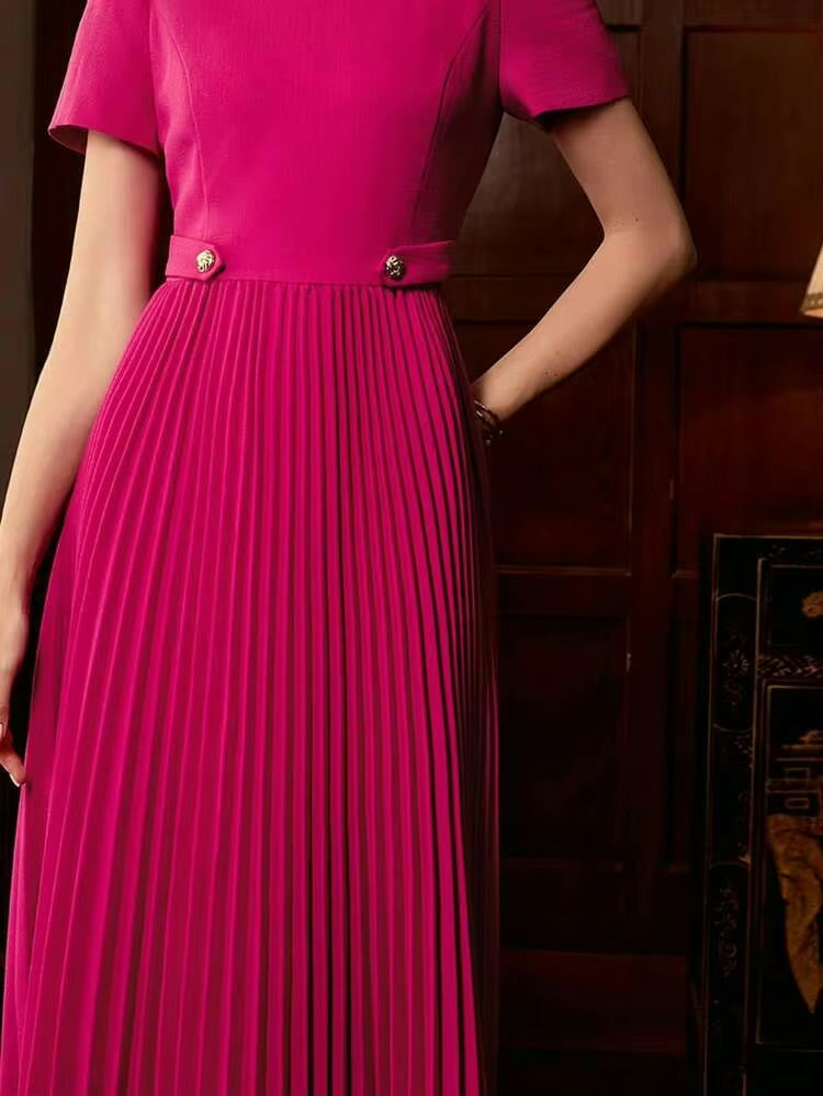 CM-DS609773 Women Elegant Seoul Style Round Neck Puff Sleeve Pleated Hem A-Line Mid-Length Dress - Hot Pink