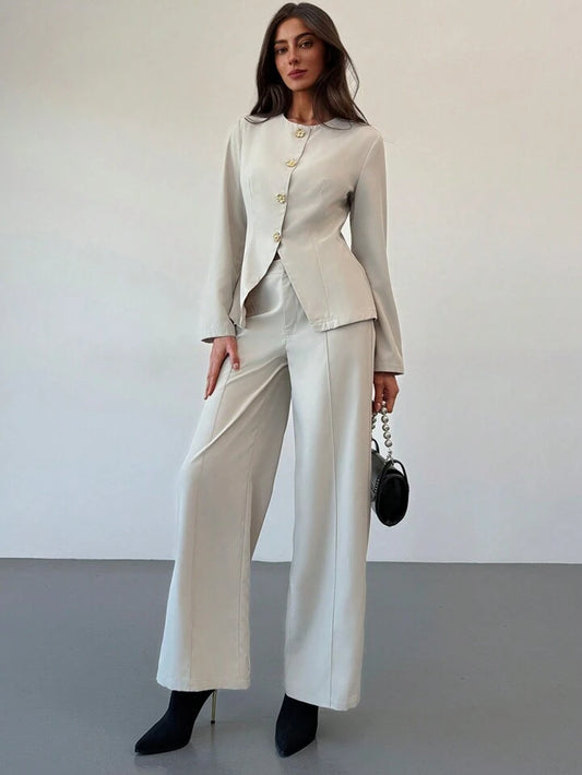 CM-SS011191 Women Elegant Seoul Style Slim Fit Round Neck Long Sleeve Top With Floor-Length Straight Leg Pants - Set