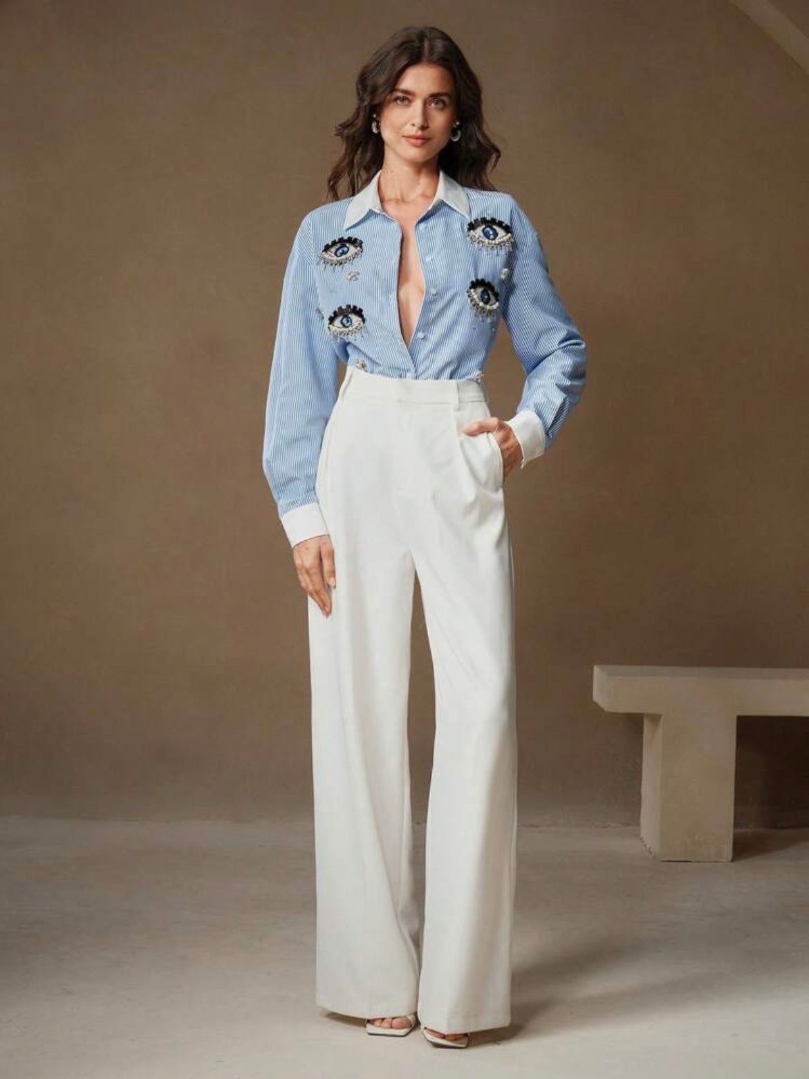 CM-TS851017 Women Elegant Seoul Style Riveted Rhinestone Embellished Blue Striped Patch-Up Shirt