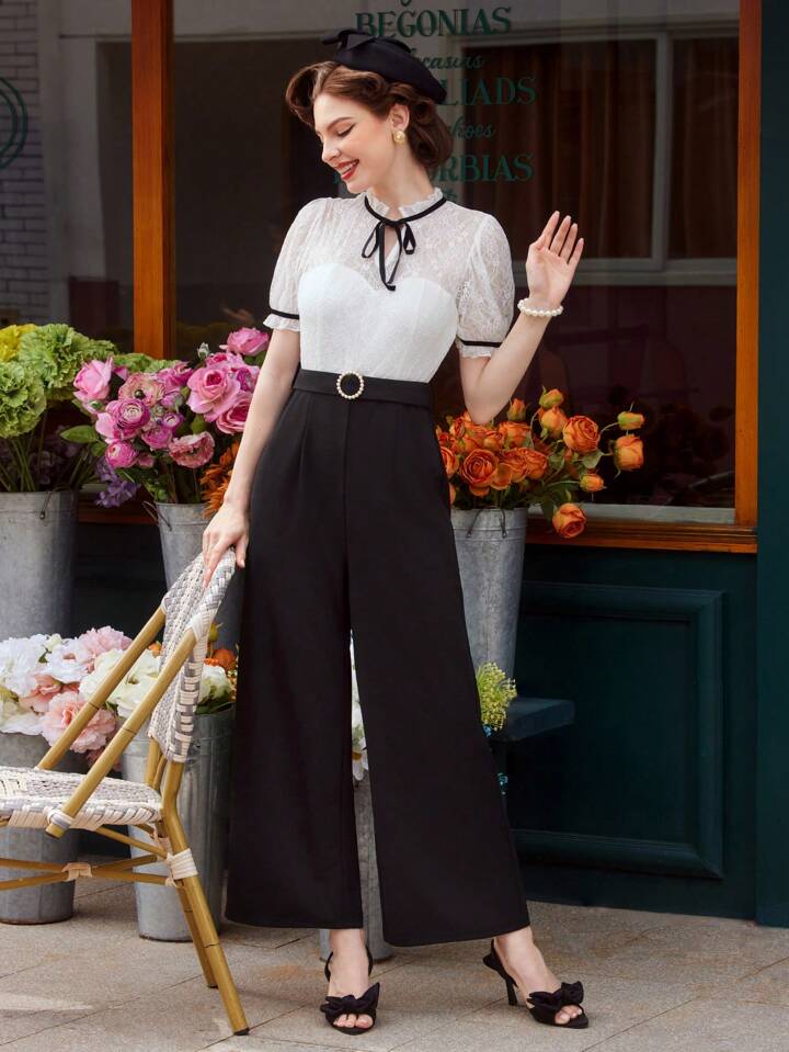 CM-JS118932 Women Elegant Seoul Style Bow Tie Lace Patchwork Stand Collar Ruffle Trim Jumpsuit