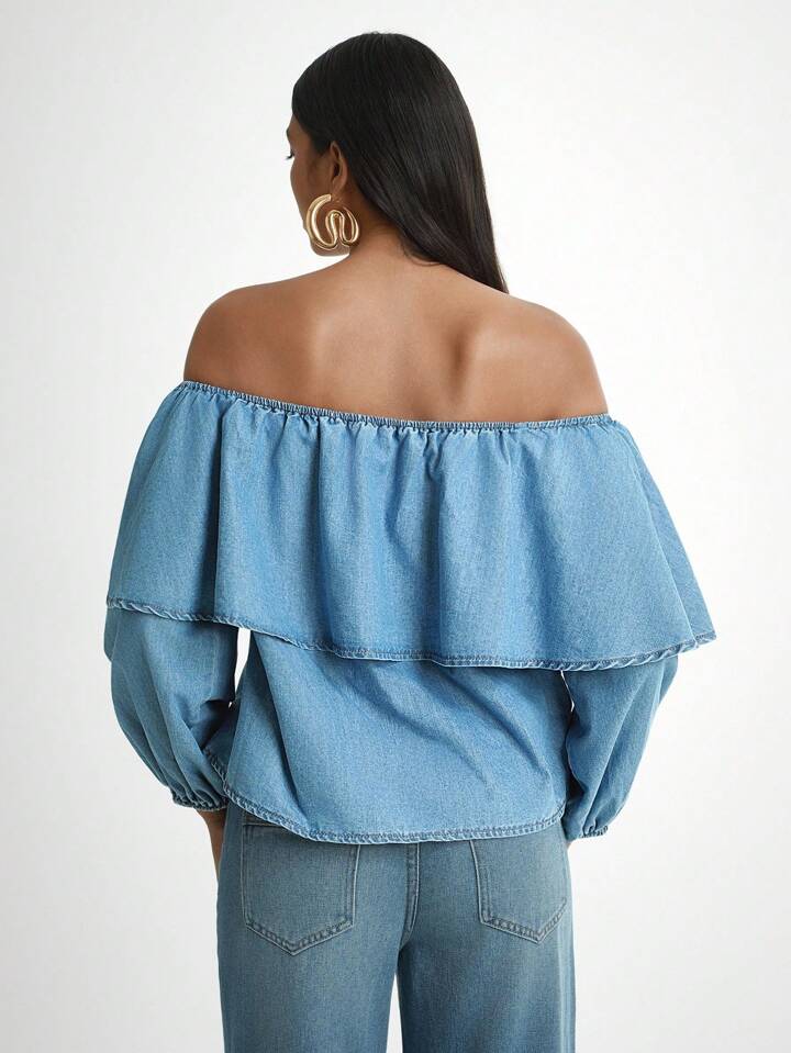 CM-TS834727 Women Trendy Bohemian Style Medium Wash Off Shoulder Lantern Sleeve Denim Blouse