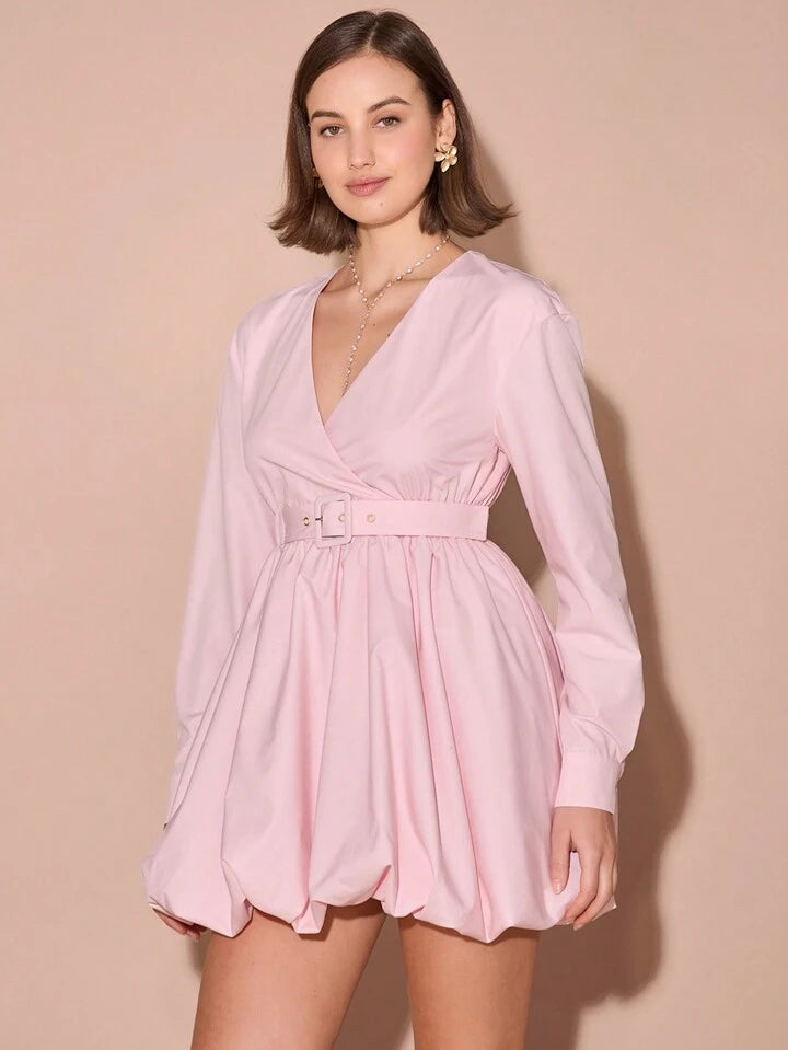 CM-DS819228 Women Elegant Seoul Style V Neck Lantern Long Sleeve Front Waistband Puff Mini Dress - Pink