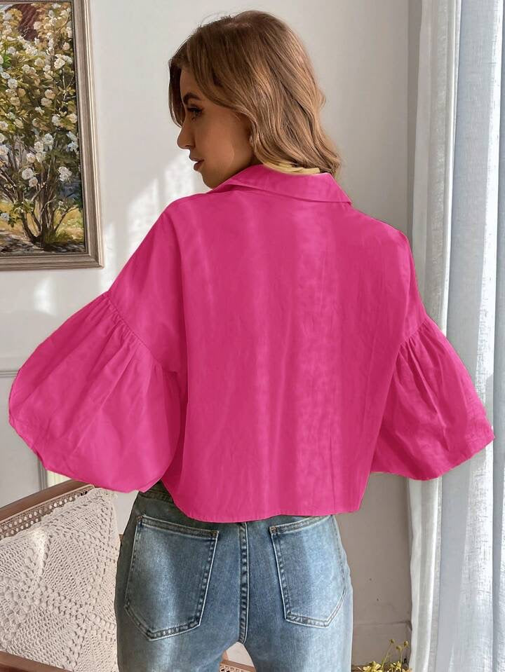 CM-TS063403 Women Casual Seoul Style Drop Bishop Sleeve Single Breasted Blouse - Hot Pink