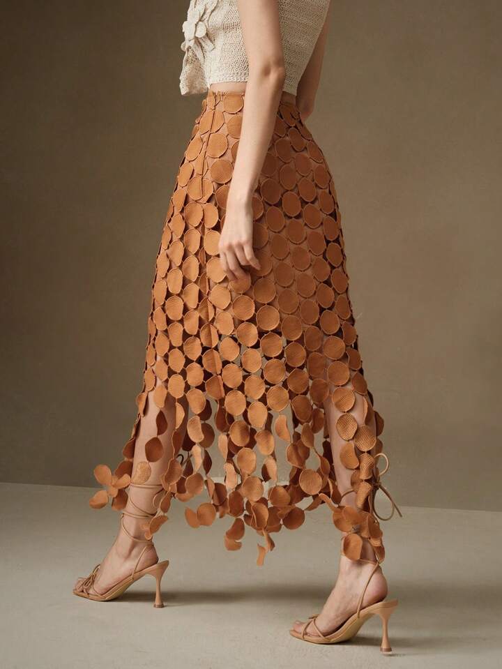 CM-BS401531 Women Trendy Bohemian Style Laser Cut Multi Circle Double Layered Maxi Skirt - Khaki