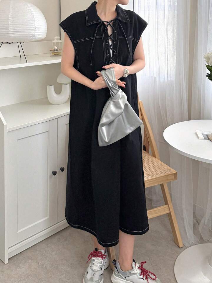 CM-DS455128 Women Casual Seoul Style Collar Neckline Batwing Sleeve Denim Dress - Black