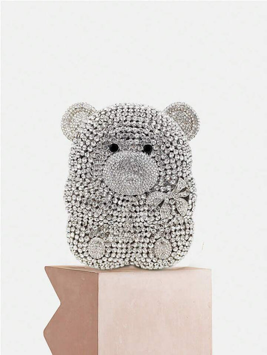 CM-BGS134304 Women Elegant Seoul Style Mini Silver Rhinestone Cute Bear Shaped Purse - Silver