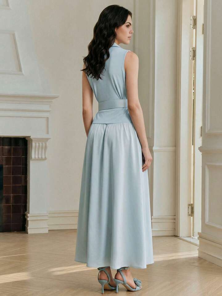CM-DS178268 Women Elegant Seoul Style Collar Neckline Sleeveless Knitted Ribbed Patchwork Satin Dress - Baby Blue