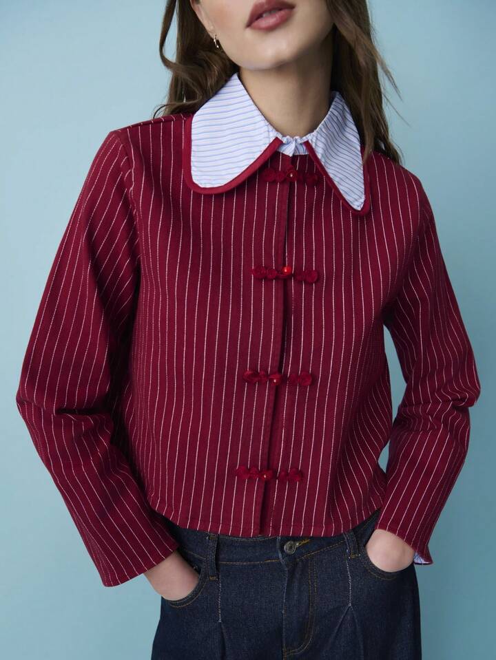 CM-CS486945 Women Casual Seoul Style Chinese Style Knotted Buttons Striped Long-Sleeve Fitted Jacket - Red