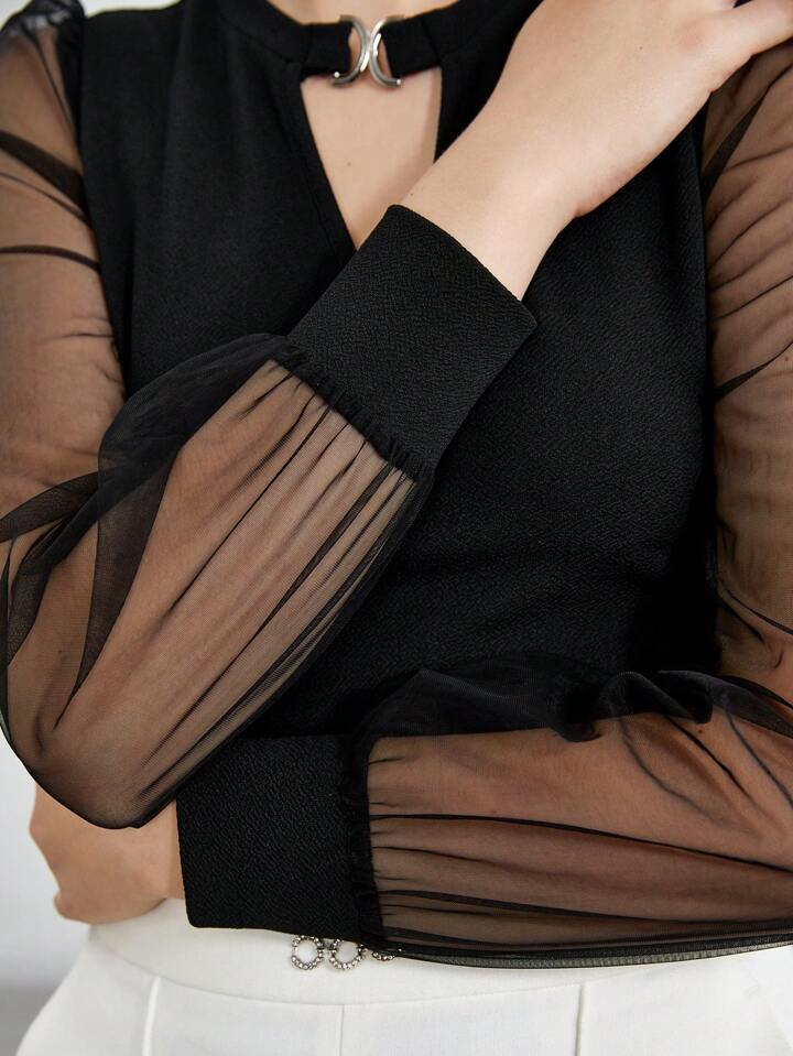 CM-TS157594 Women Elegant Seoul Style Keyhole Neckline Mesh Splicing Long Sleeve Top - Black