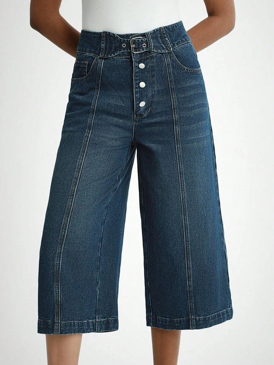 CM-BS200792 Women Casual Seoul Style Button Front Pocket Wide Leg Loose 7/8 Length Jeans
