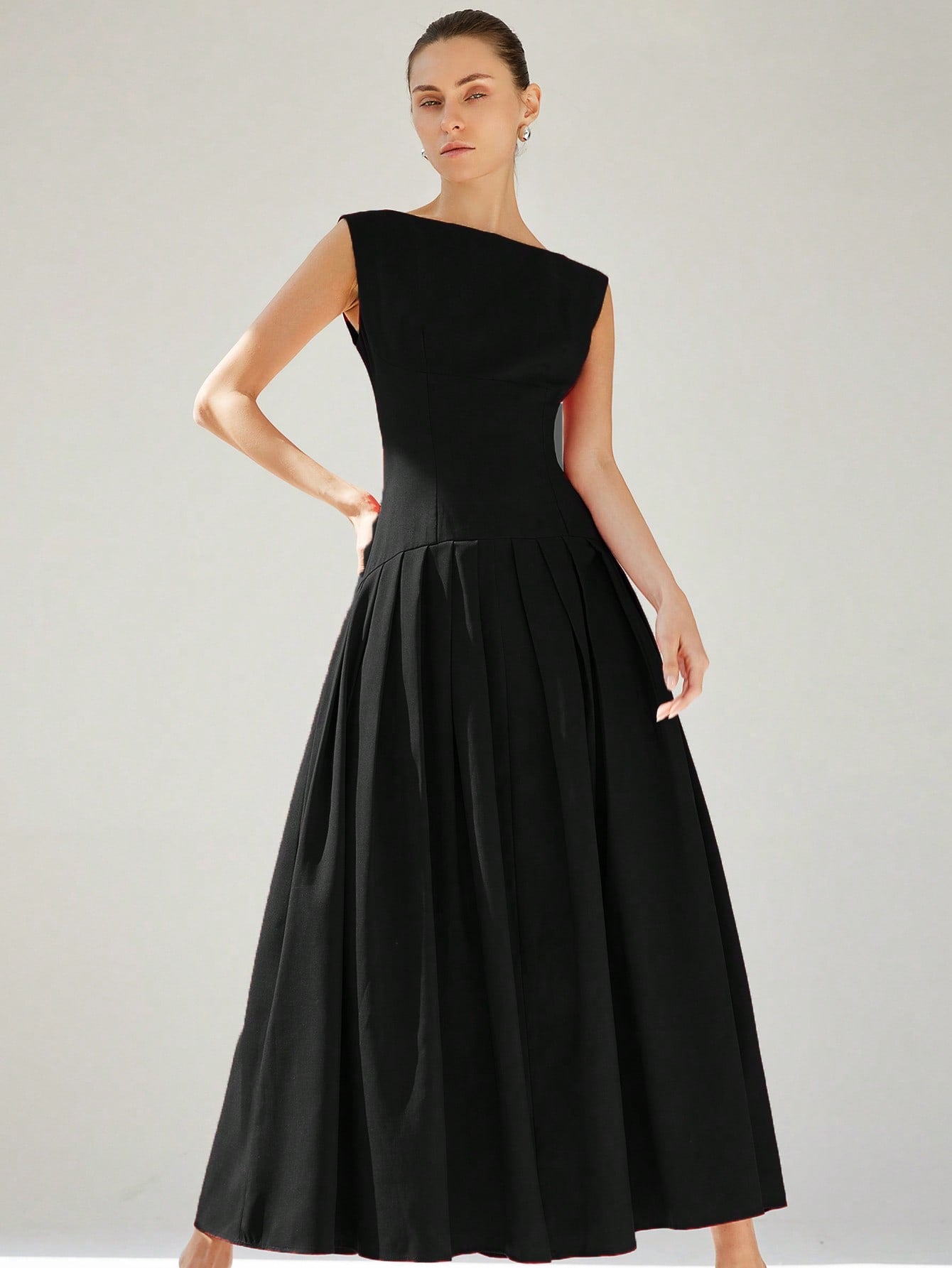 CM-DS136373 Women Elegant Seoul Style Sleeveless Cinched Waist Low Waist Pleated Ruffle Hem Long Dress - Black