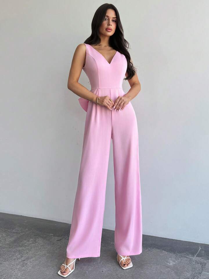 CM-JS255200 Women Elegant Seoul Style Deep V-Neck Sleeveless Backless Bow Loose Straight Jumpsuit