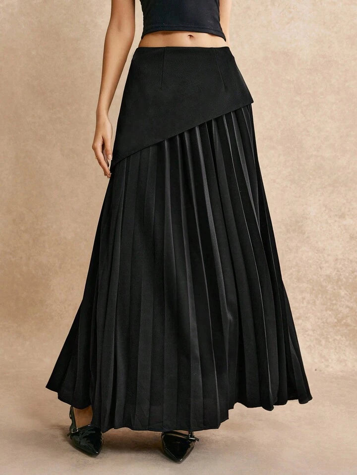 CM-BS137111 Women Elegant Seoul Style High Waist Asymmetric Pleated A-Line Skirt - Black