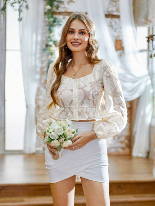 CM-TS369159 Women Casual Seoul Style Ruffle Trim Jacquard Lantern Sleeve Shirt - Apricot