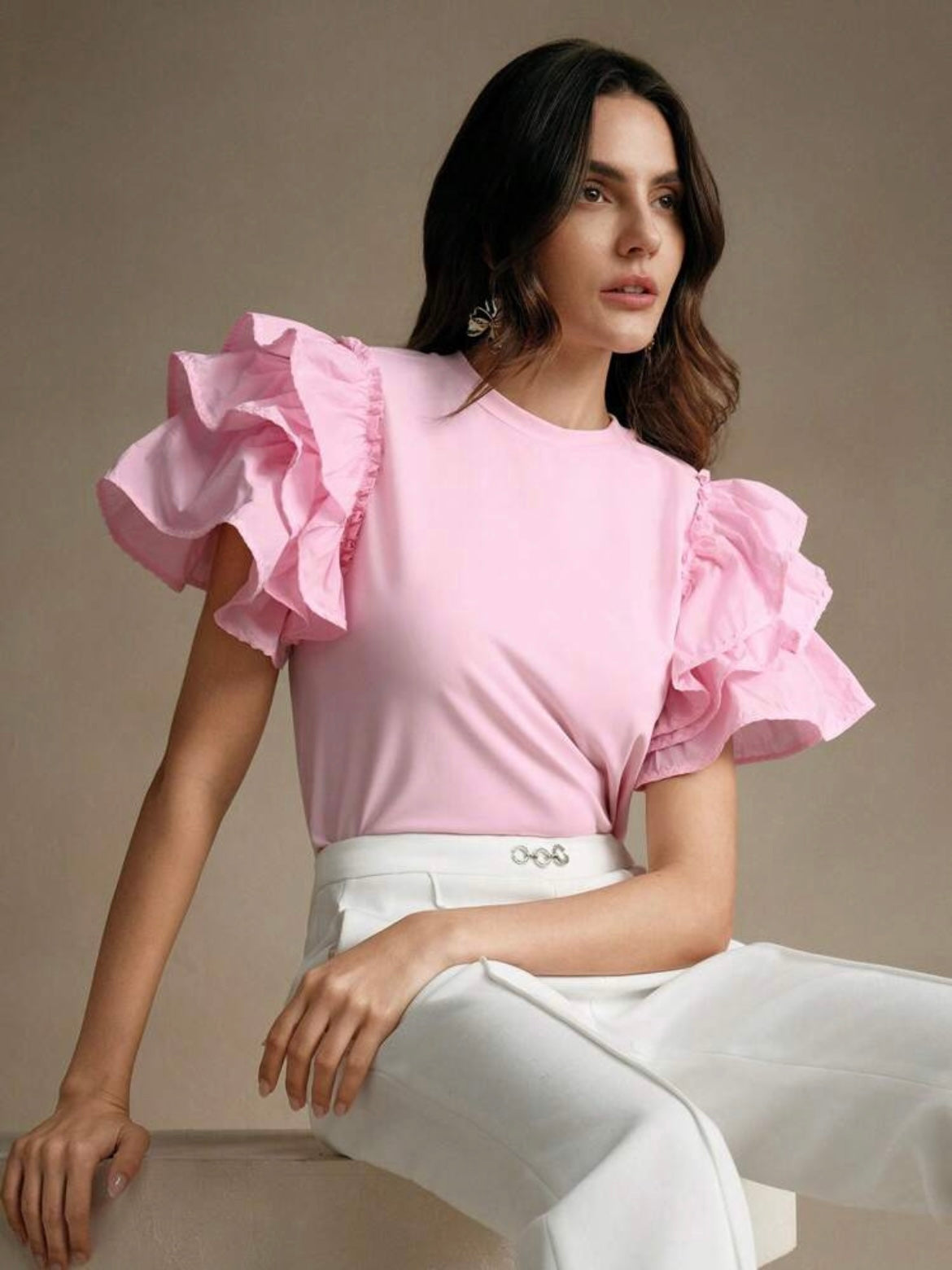 CM-TS461880 Women Casual Seoul Style Round Neck Puff Sleeve Ruffle Hem Splice Short Sleeve T-Shirt