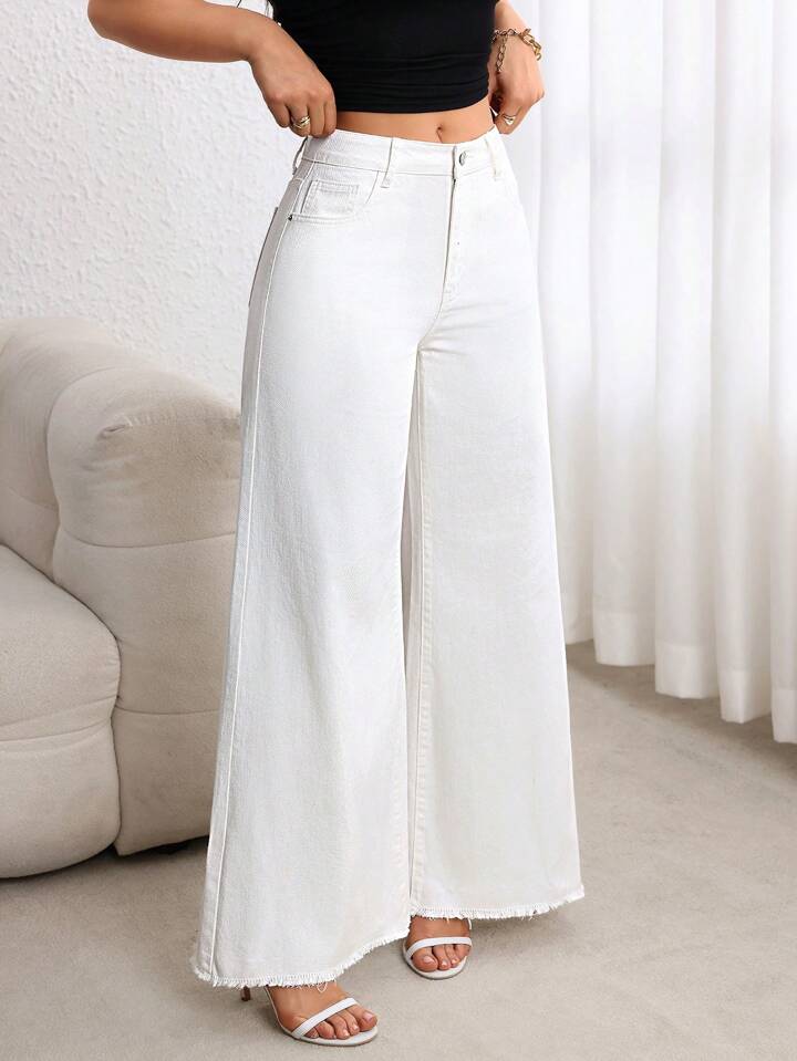 CM-BS881191 Women Casual Seoul Style Loose Pocketed Extra Long Wide Leg Denim Jeans - White