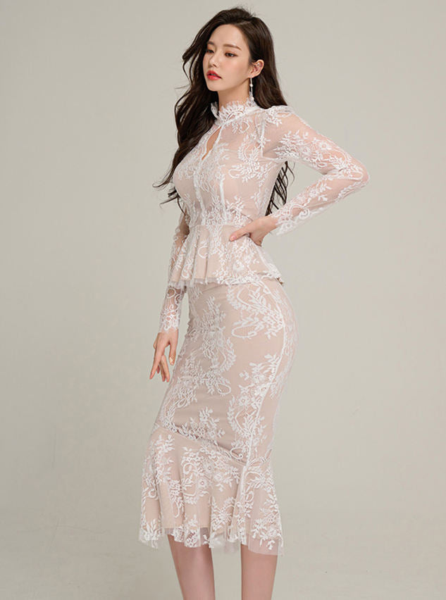 CM-SF021507 Women Elegant Seoul Style High Waist Flouncing Fishtail Lace Dress Set (Available in 2 colors)