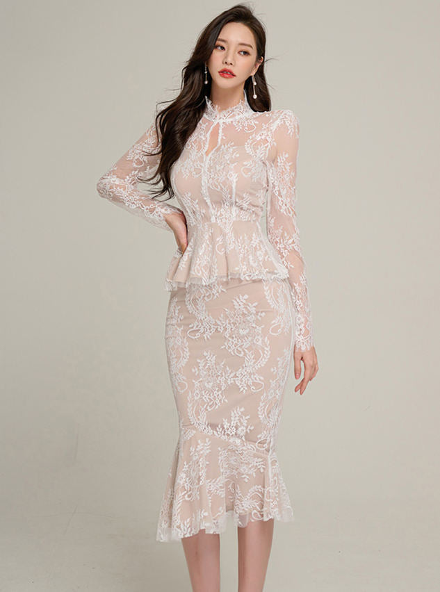 CM-SF021507 Women Elegant Seoul Style High Waist Flouncing Fishtail Lace Dress Set (Available in 2 colors)