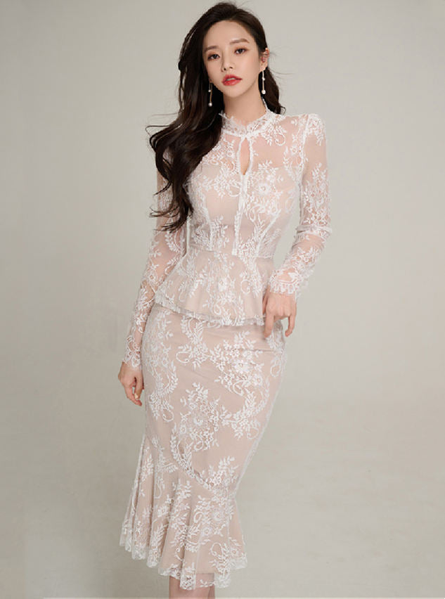 CM-SF021507 Women Elegant Seoul Style High Waist Flouncing Fishtail Lace Dress Set (Available in 2 colors)