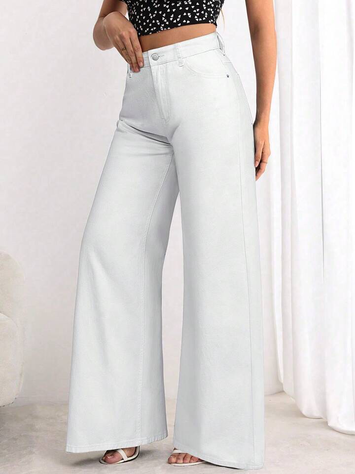CM-BS099389 Women Elegant Seoul Style Button Front Pocket Loose Wide Leg Jeans - White